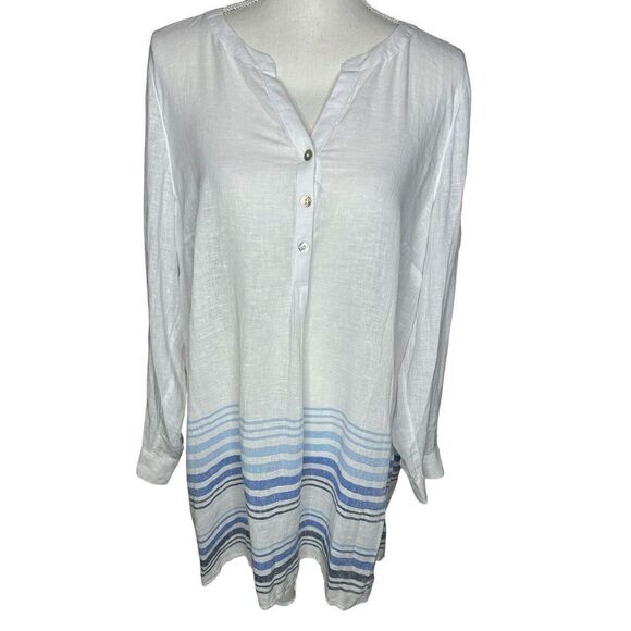 J. Jill White and Blue Striped Long Line Linen Tunic Size Large - Picture 1 of 5